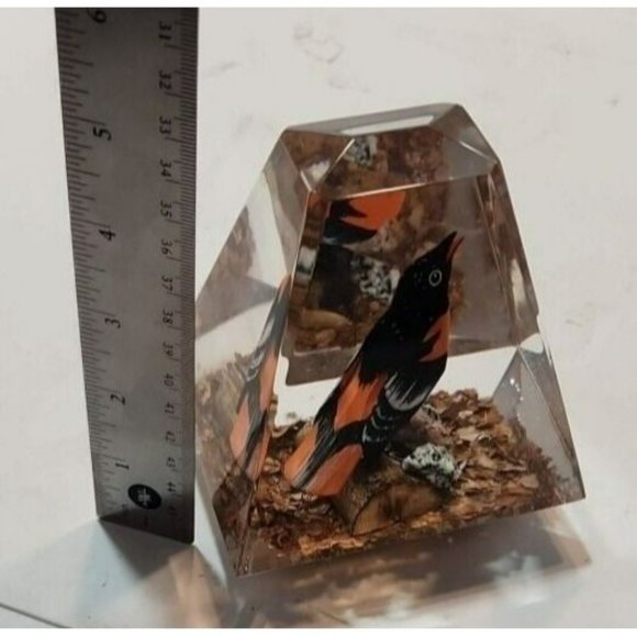 Acrylic Paperweight With Orange and Black Bird On A Branch Inside 4.25" by 5" - Picture 8 of 8
